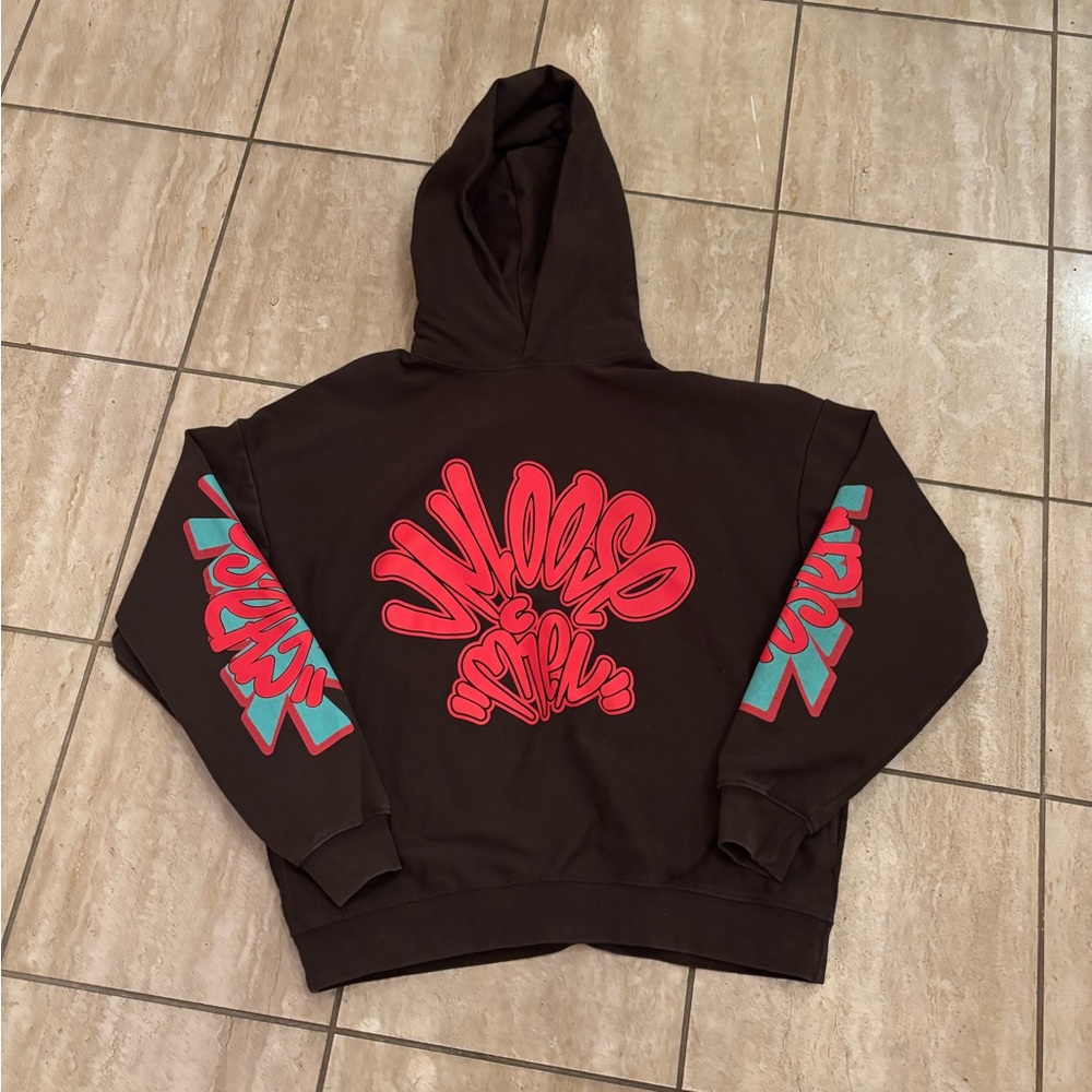 Brown Hoodie with Red and Green Graphics